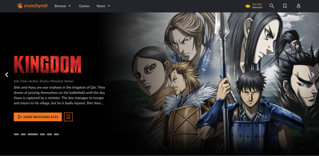 Example of a tiered access model membership site: the landing page of Crunchyroll, a streaming service