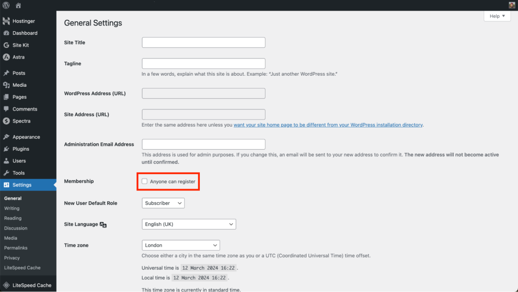 WordPress settings page with anyone can register section highlighted