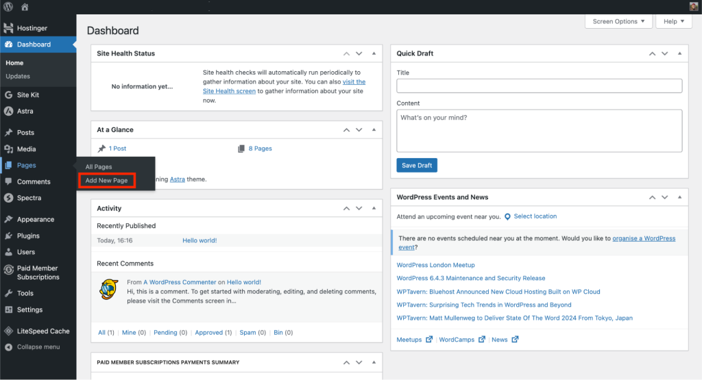 WordPress dashboard with add new page option highlighted