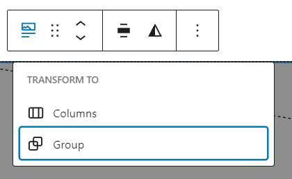 Featured image block's toolbar, showing the drop-down menu to transform the block into a group block
