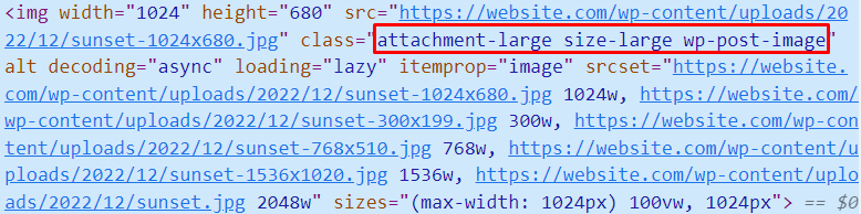 The HTML tag for the featured image, with the class highlighted