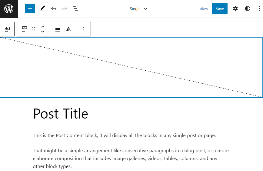 WordPress Site Editor, showing the post featured image placeholder