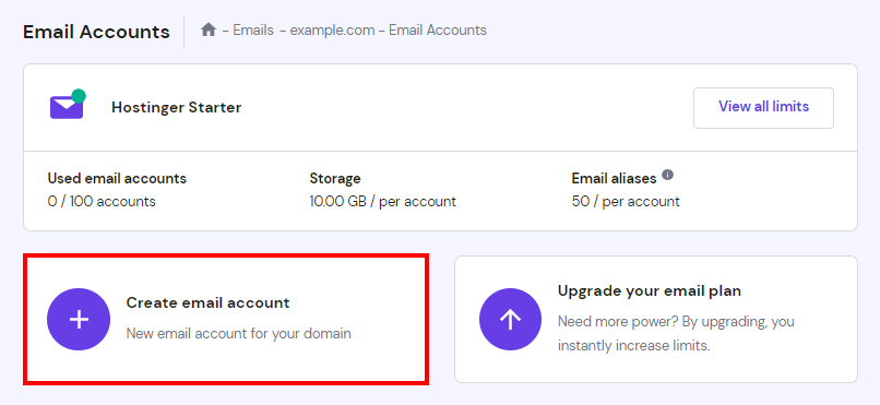 The Create email account button in the Email Accounts settings on hPanel
