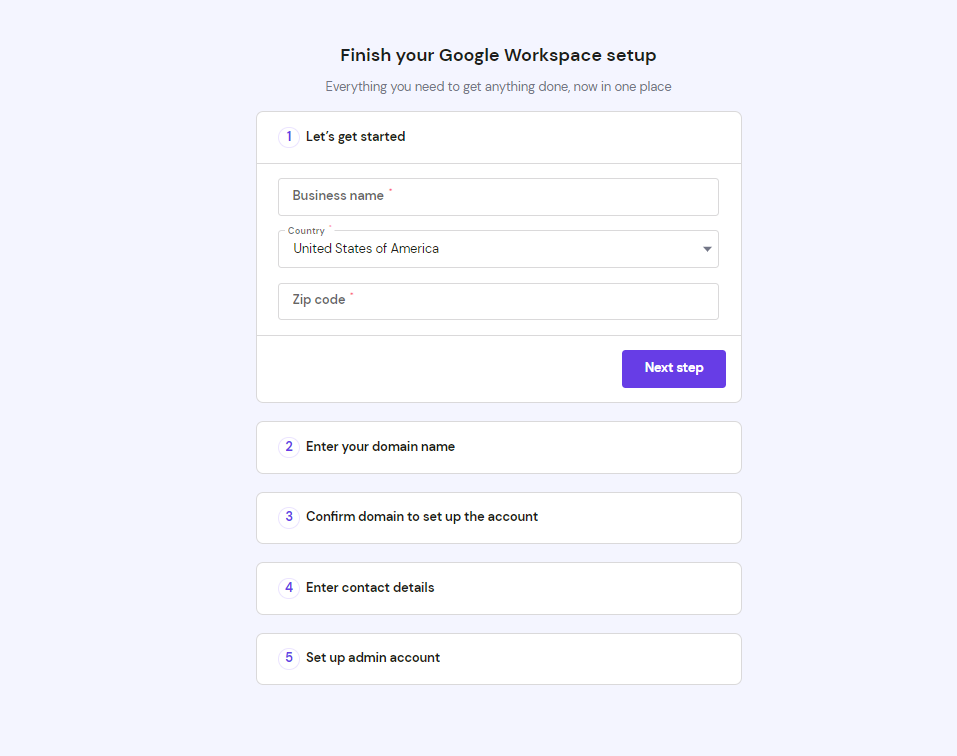 the Fill your Google Workspace setup screen on hPanel
