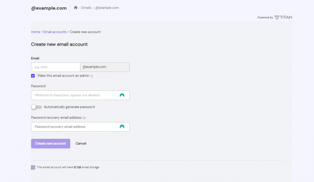 The Create new email account section on hPanel
