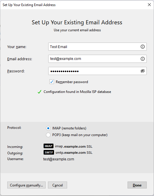 The Set Up Your Existing Email Address window on Mozilla Thunderbird with automatically entered information
