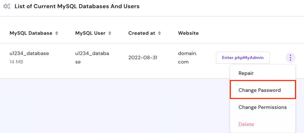 MySQL database on hPanel: change password option
