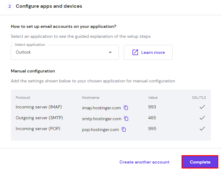 The Configure apps and devices section on hPanel, highlighting the Complete button