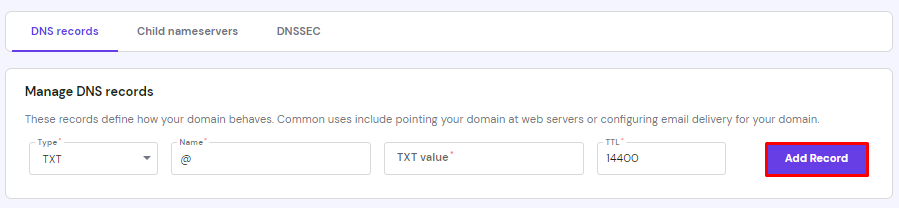 The DNS Records tab on hPanel, highlighting the Add Record button