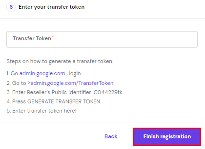 The Enter your transfer token page, highlighting the Finish registration box