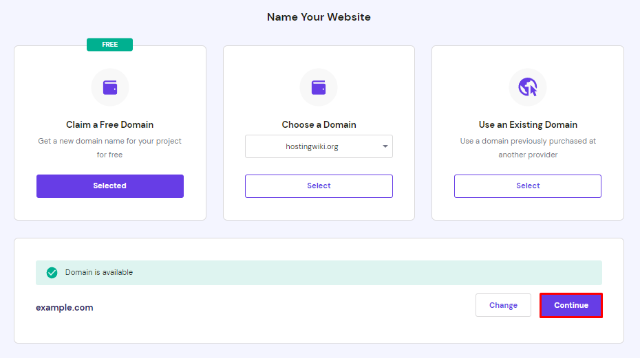 The Name Your Website page on hPanel, highlighting the Continue option