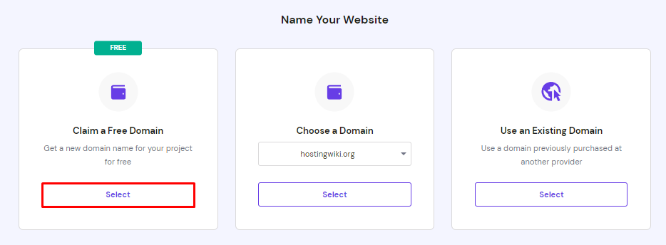 The Name Your Website page on hPanel, highlighting the Select option