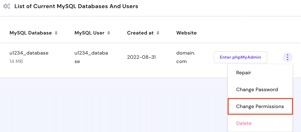User permissions of the WordPress database in hPanel
