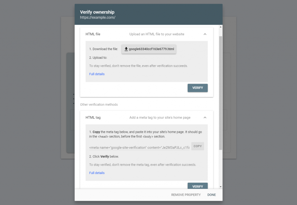 The Verify Ownership pop-up window on Google Admin Console
