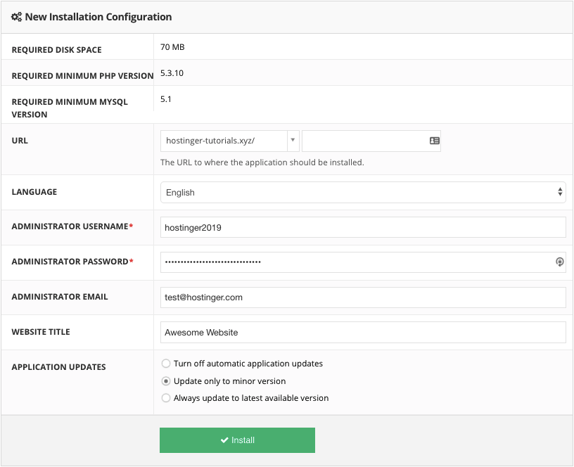 Filling in Joomla installation settings