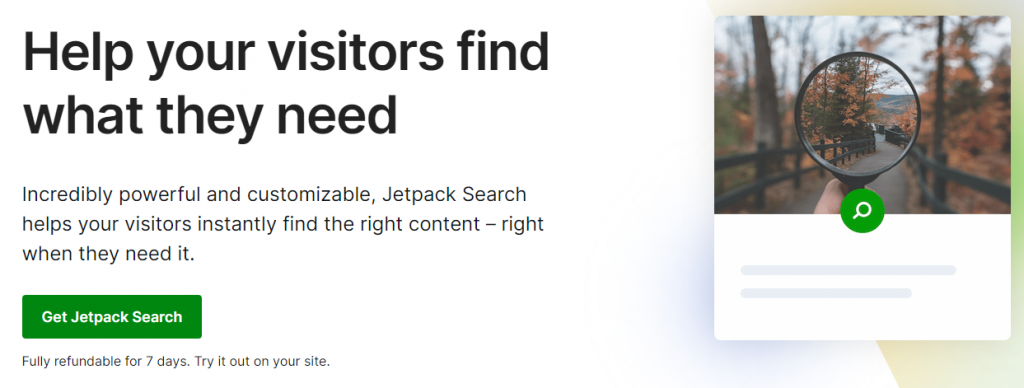 The landing page of the Jetpack Search plugin