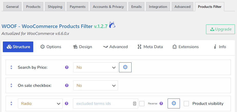 WooCommerce settings dashboard, showing products filter tab