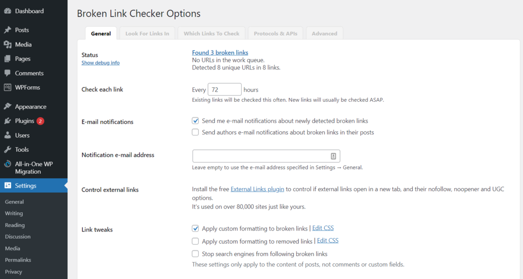 Broken Link Checker Options page.