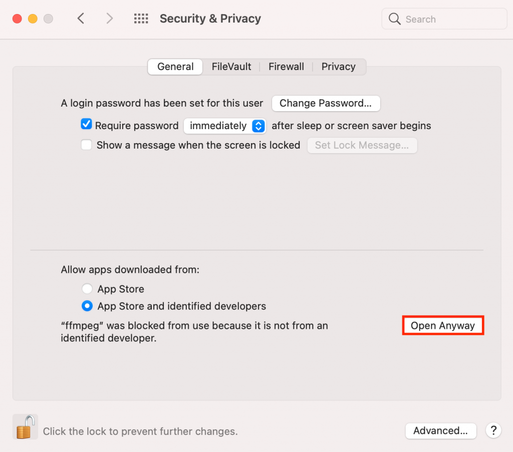 macOS security and privacy window