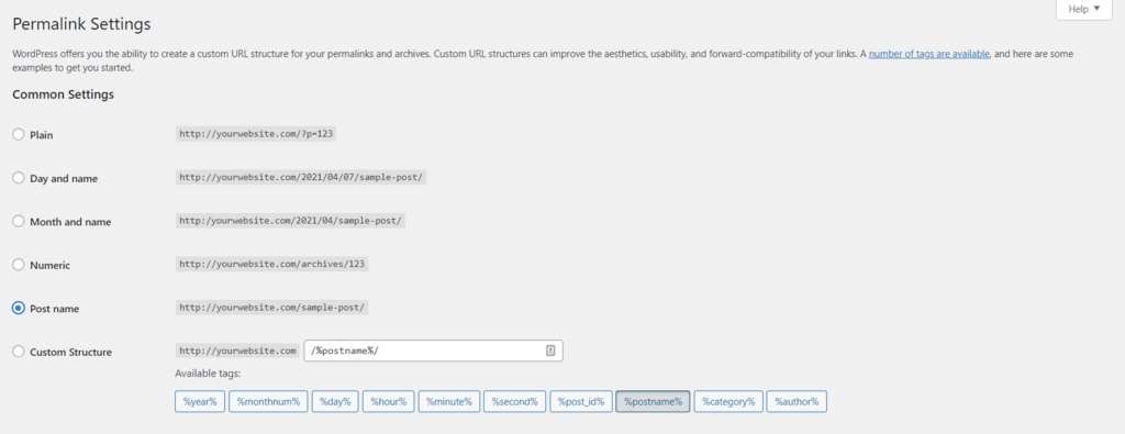 Changing the permalink settings in WordPress.