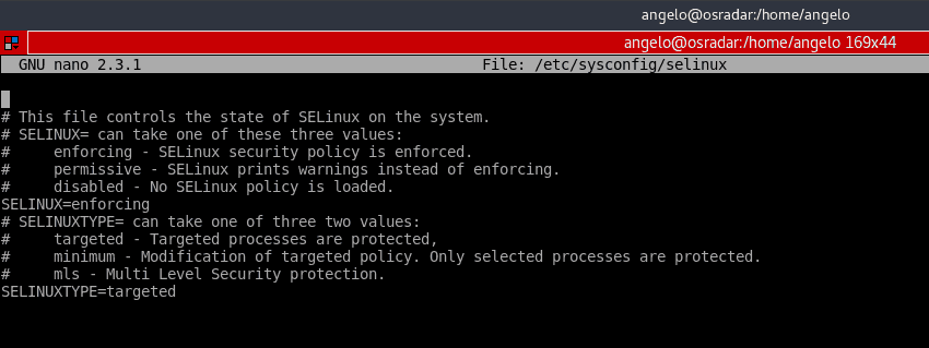 Selinux configuration file opened on nano in centos 7