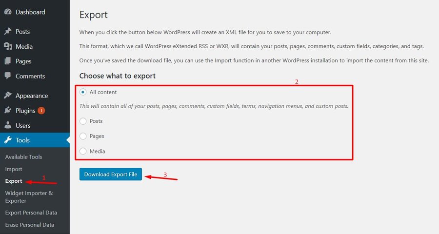 WordPress export page