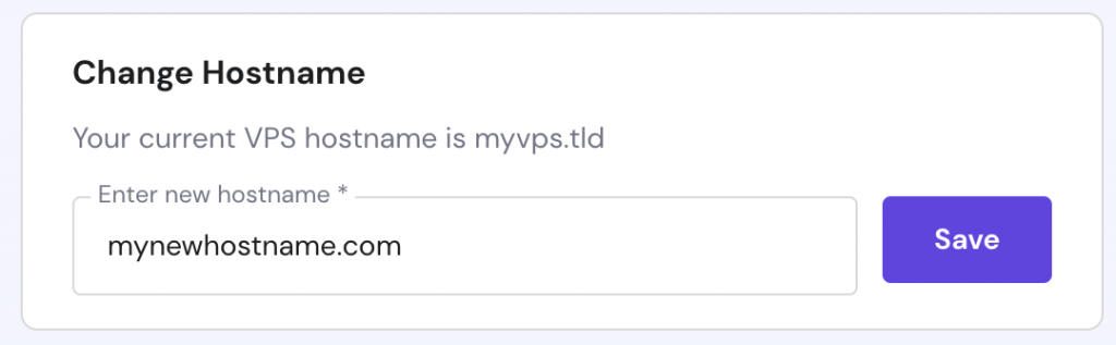 Change Hostname section on Hostinger's hPanel VPS Settings page
