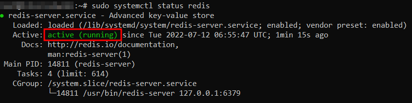 Command-prompt window displaying Redis server status on an Ubuntu system. Red border indicates the active status