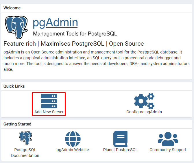 Main management window for pgAdmin. Red border indicating the Add New Server option