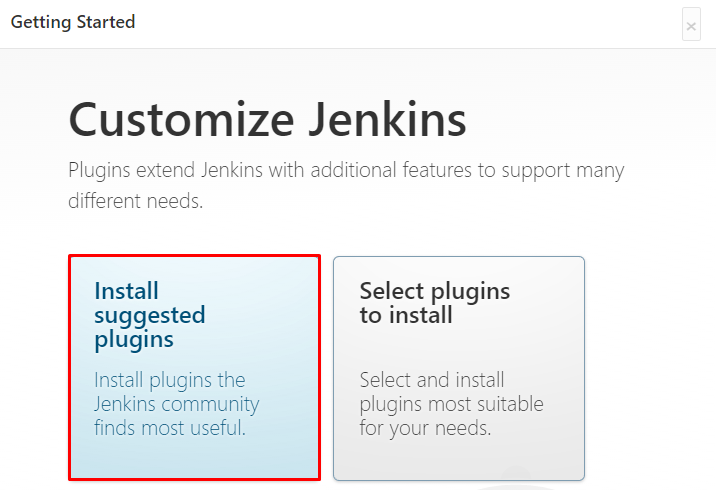 The Customize Jenkins window with a red border indicating the option to install suggested plugins