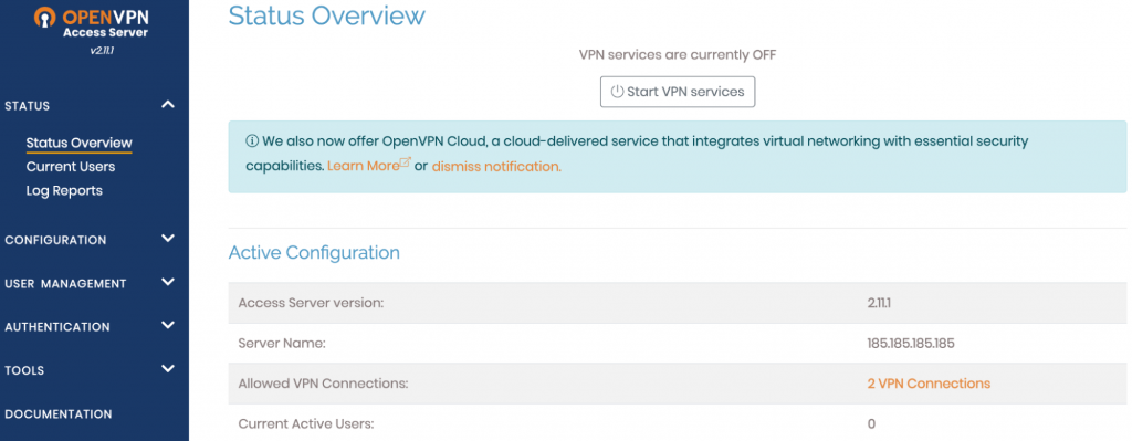 The Status Overview page on OpenVPN Access Server dashboard