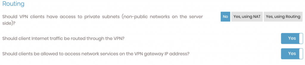 The routing section on the OpenVPN dashboard
