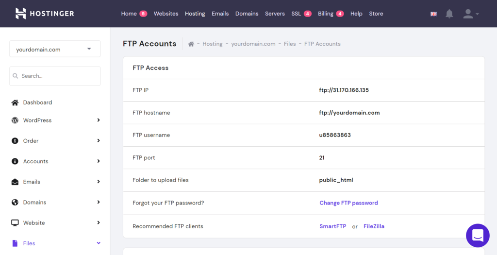 FTP account details on hPane;