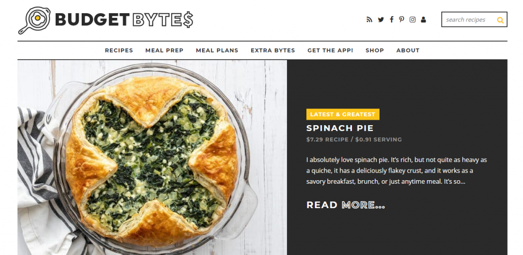 Budget Bytes blog featuring a Spinach pie recipe