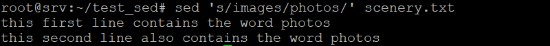 Terminal output shows sed has replaced the word images with photos