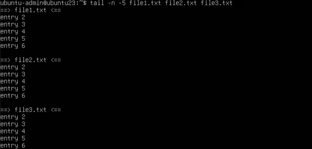 The tail command prints the last five lines of multiple files