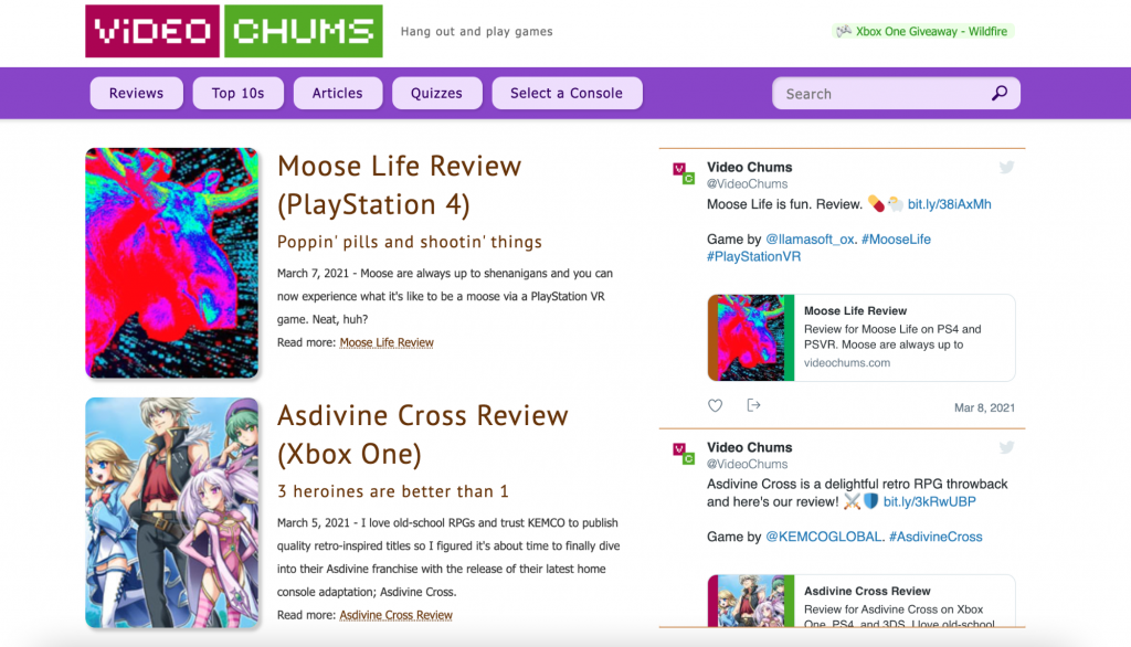 Video Chums page featuring reviews of Moose Life and Asdivine Cross