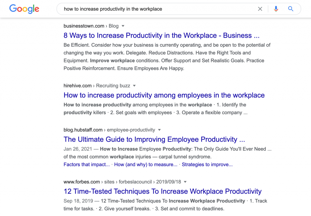 Screenshot showing search results for “how to increase productivity in the workplace”