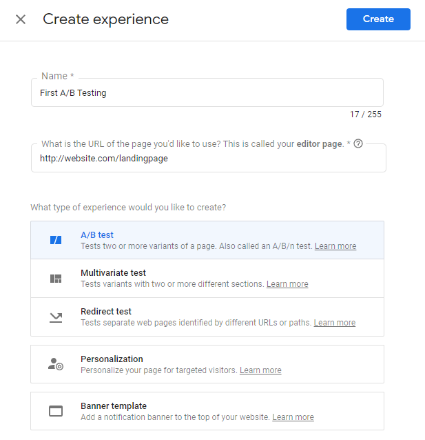 Creating an experience on Google Optimize
