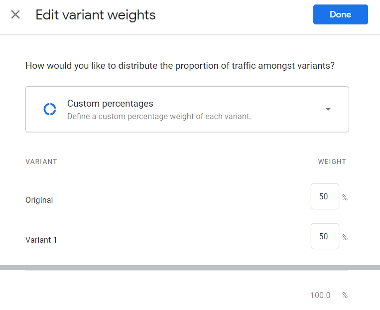 Edit variant weights settings on Google Optimize