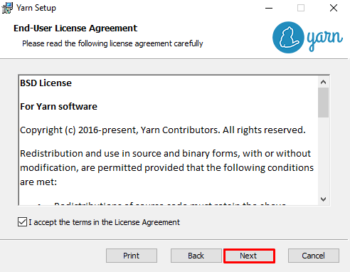 The end-user license agreement of Yarn on Windows