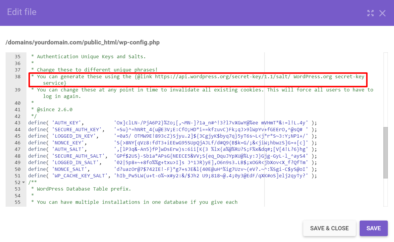Copying a link to generate new WordPress salts and security keys in the wp-config.php file.