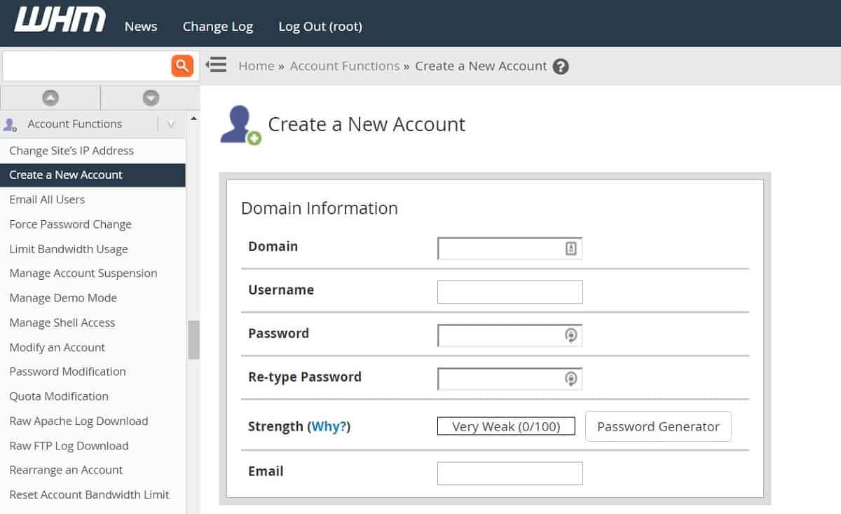 Creating new cPanel account with WHM