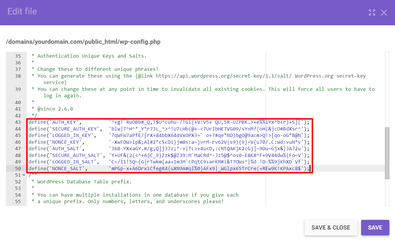 Pasting in the new WordPress salts and security keys in the wp-config.php file.