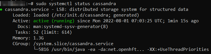 systemctl command to check Cassandra_s status. In this case Cassandra process is already active and running