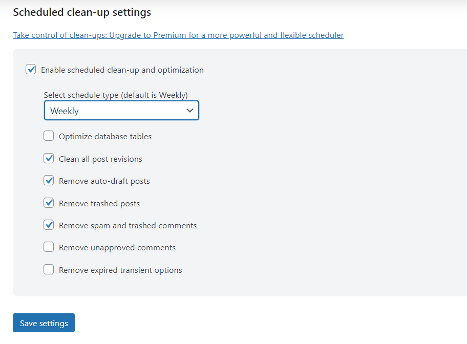 The Scheduled clean-up settings section in the WP-Optimize plugin