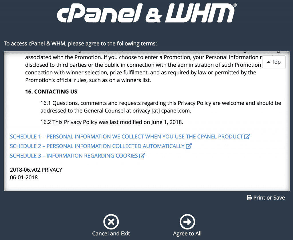 user agreement for whm/cpanel initial set up