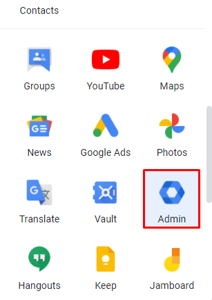Screenshot showcasing the Admin button in Google Workspace