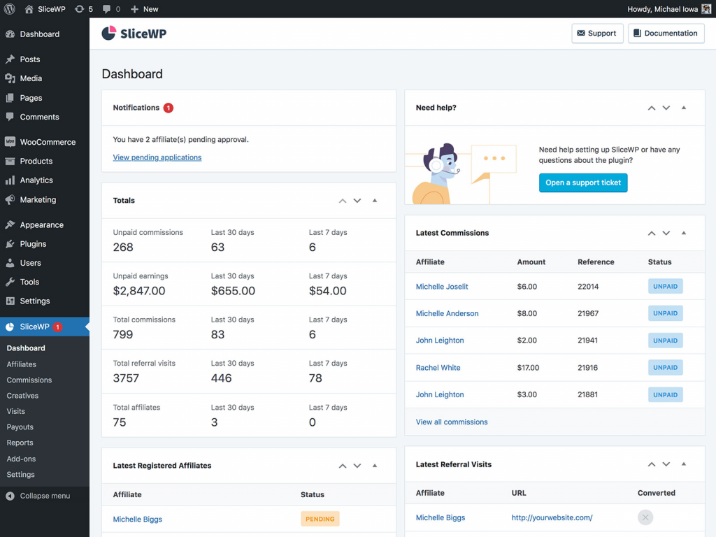 SliceWP's admin settings page on WordPress dashboard, showing reports and statistics like total commissions and referral visits