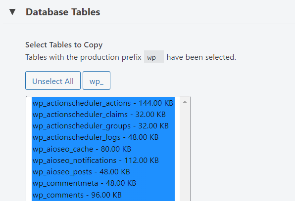 The Database Tables section in the WP Staging plugin dashboard